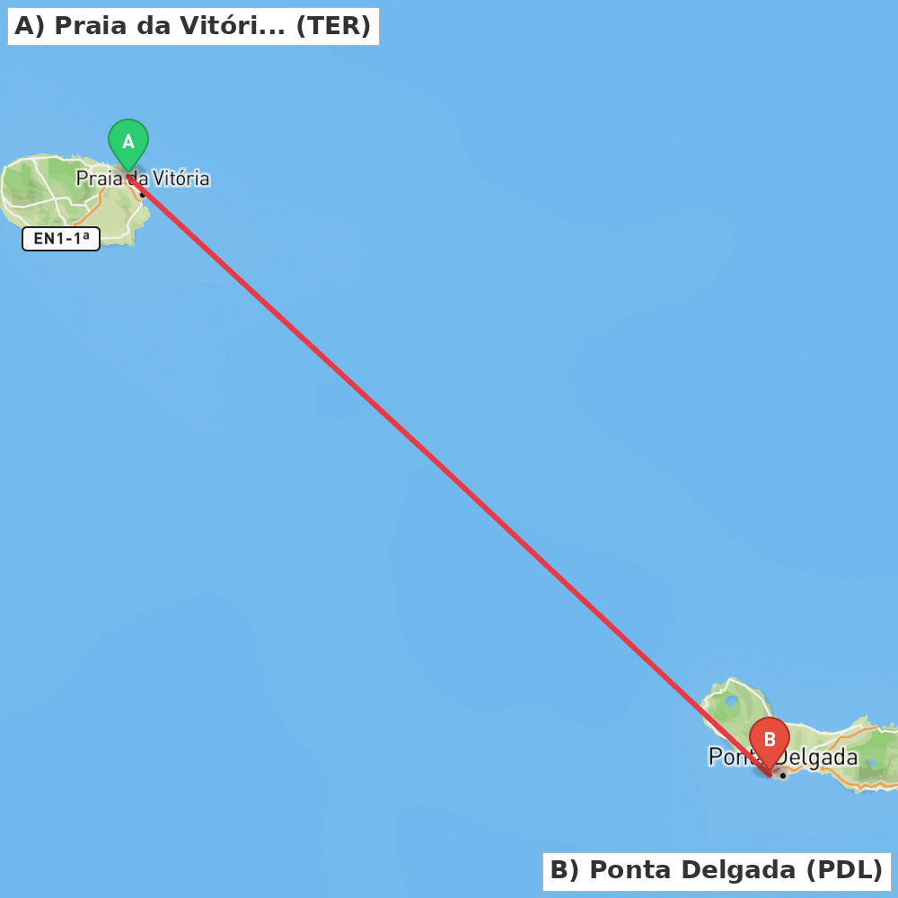 Flight route map from Praia da Vitória to Ponta Delgada