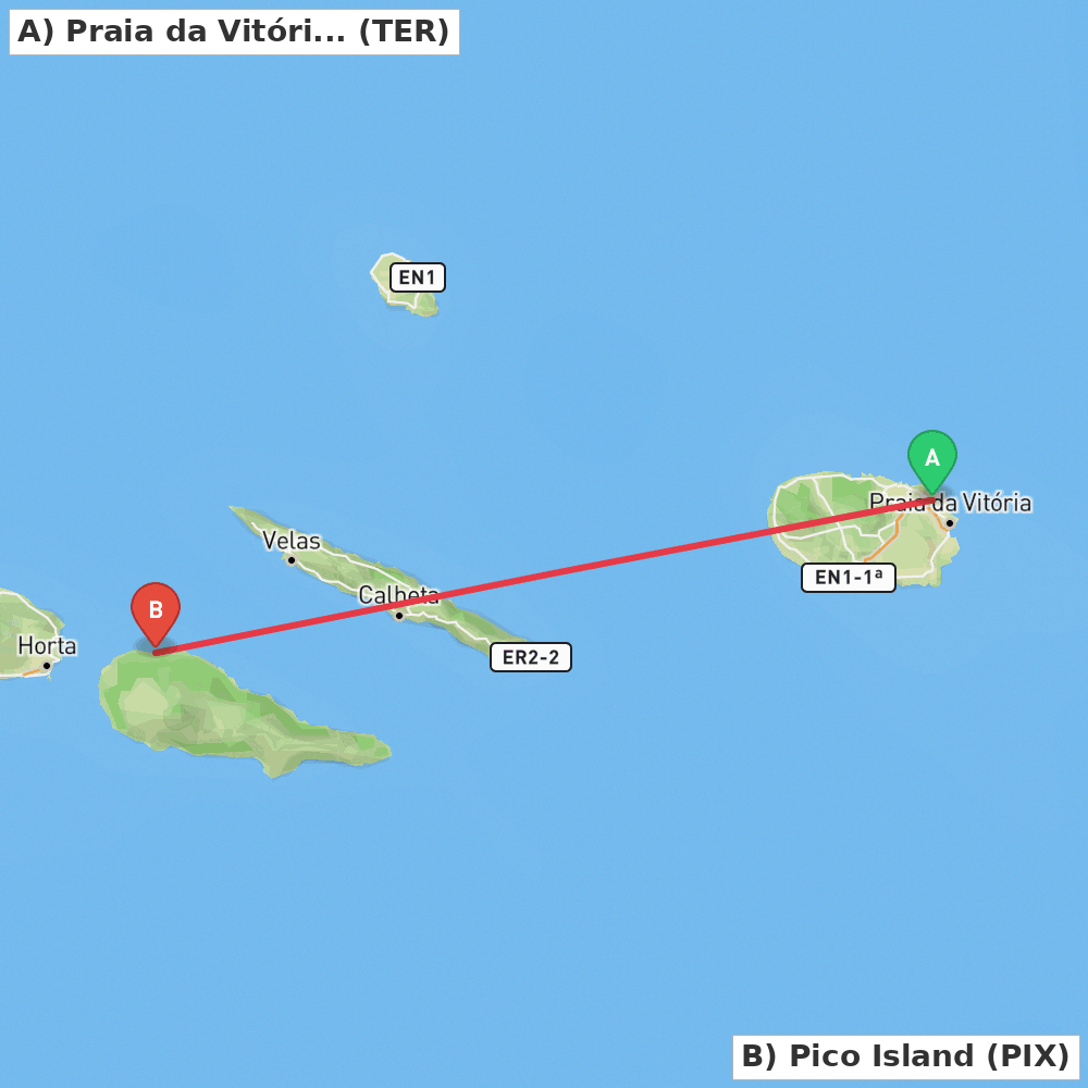 Flight route map from Praia da Vitória to Pico Island