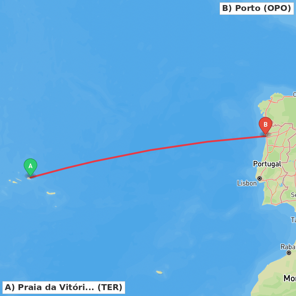 Flight route map from Praia da Vitória to Porto