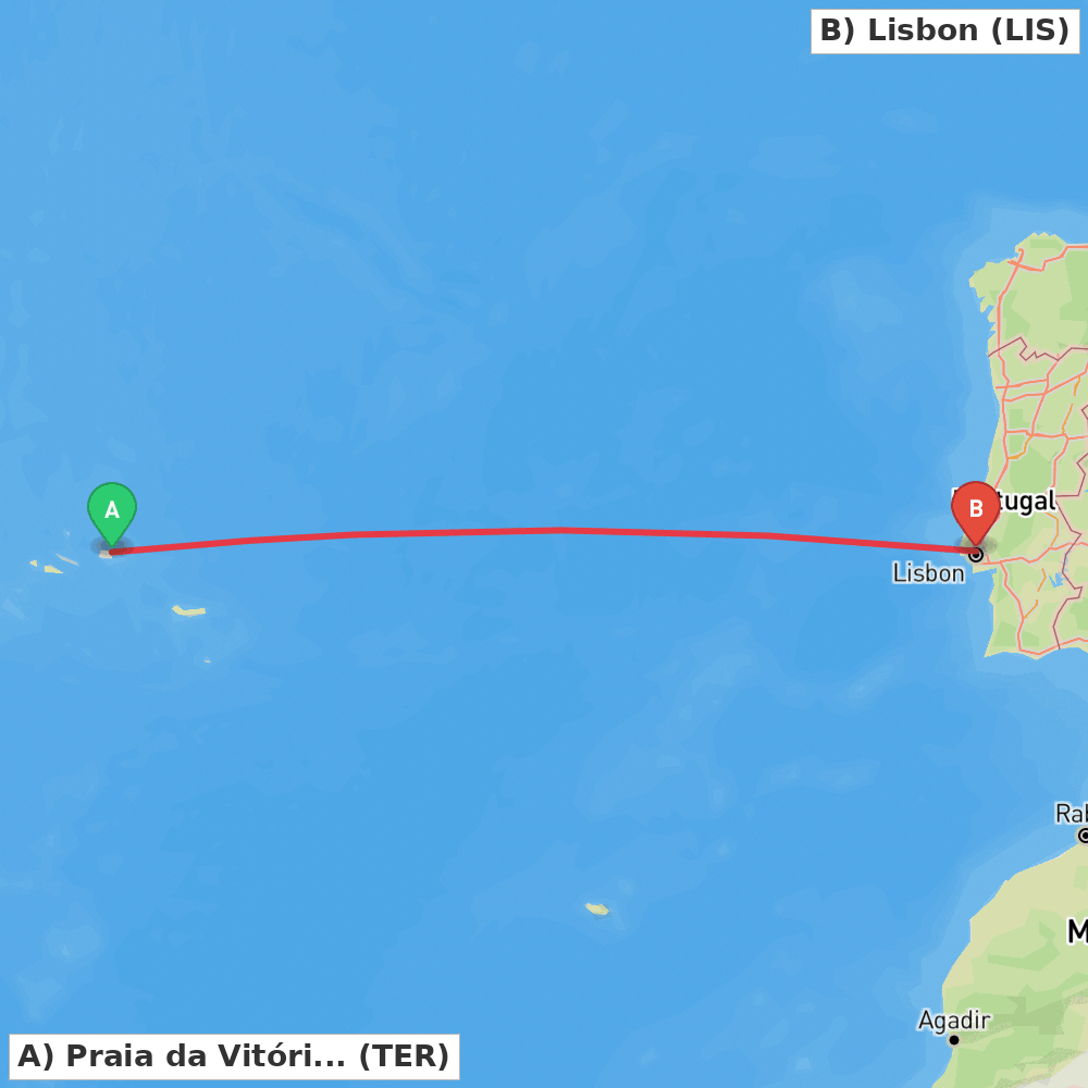 Flight route map from Praia da Vitória to Lisbon