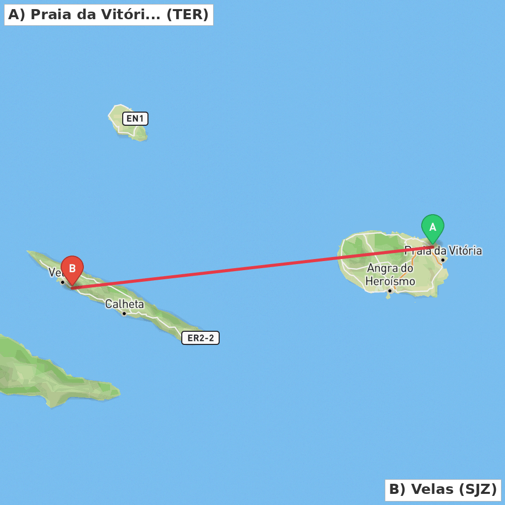 Flight route map from Praia da Vitória to Velas