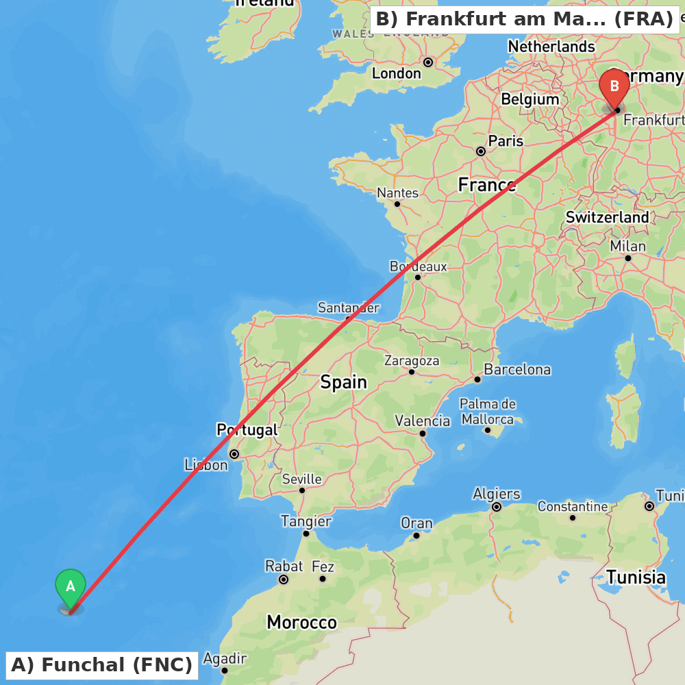 Flight route map from Funchal to Frankfurt am Main