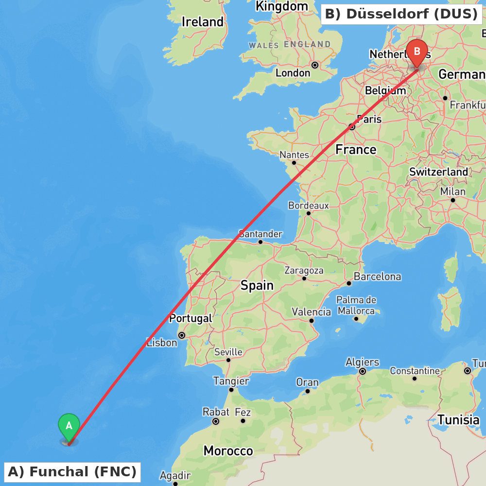 Flight route map from Funchal to Düsseldorf