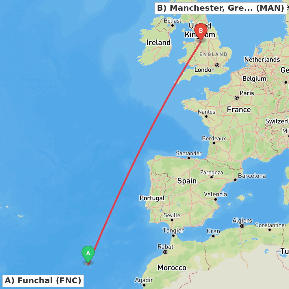 Flight route map from Funchal to Manchester, Greater Manchester