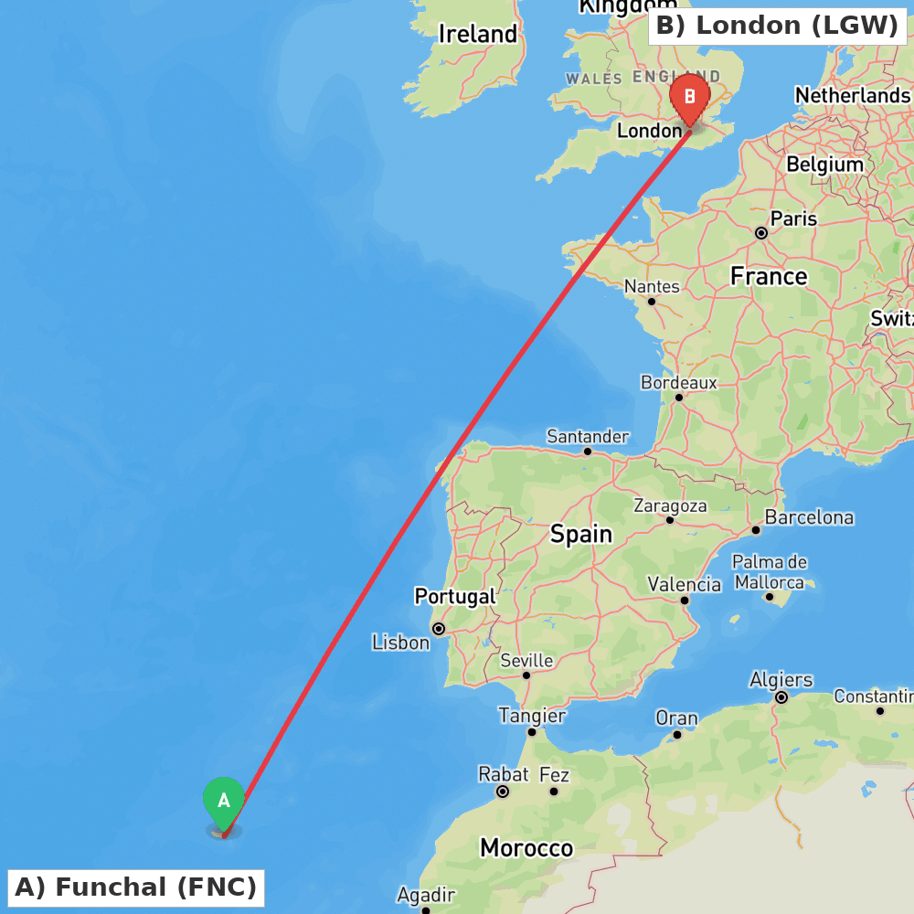 Flight route map from Funchal to London