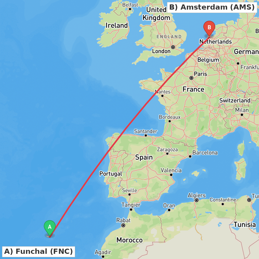 Flight route map from Funchal to Amsterdam