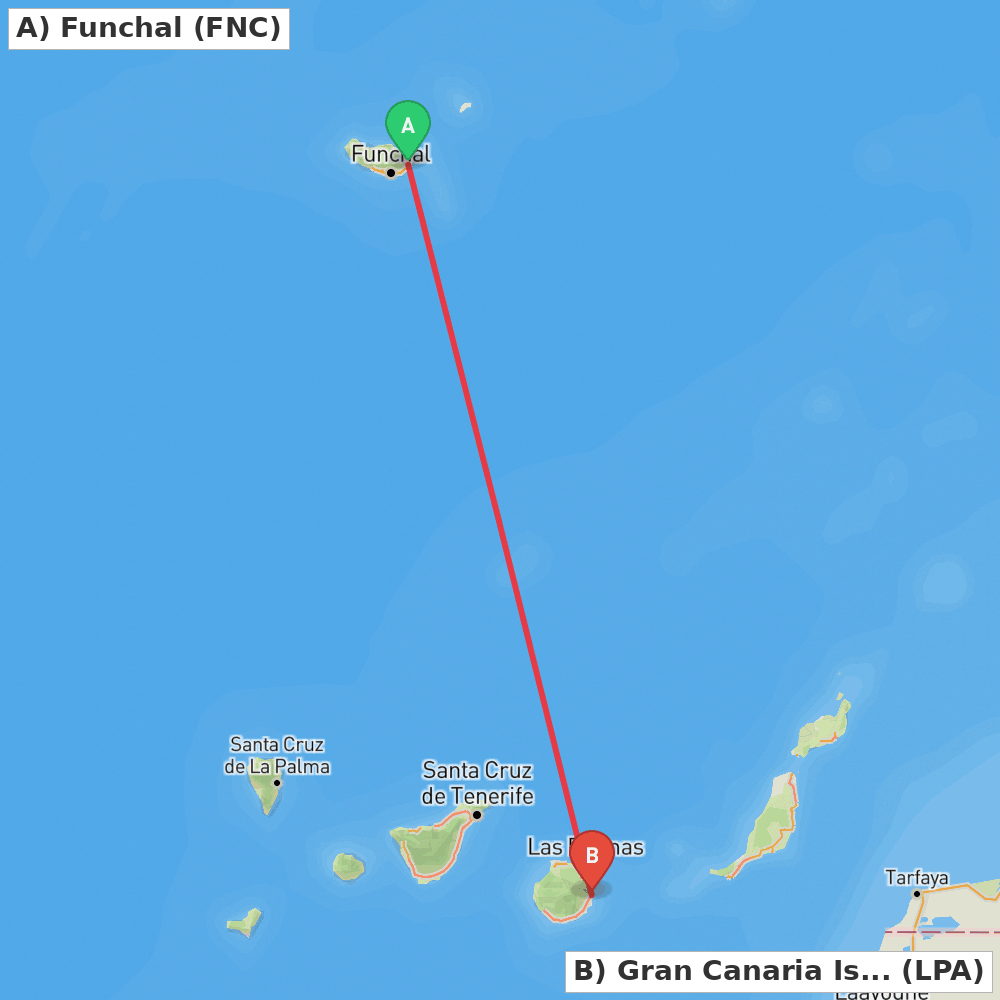 Flight route map from Funchal to Gran Canaria Island