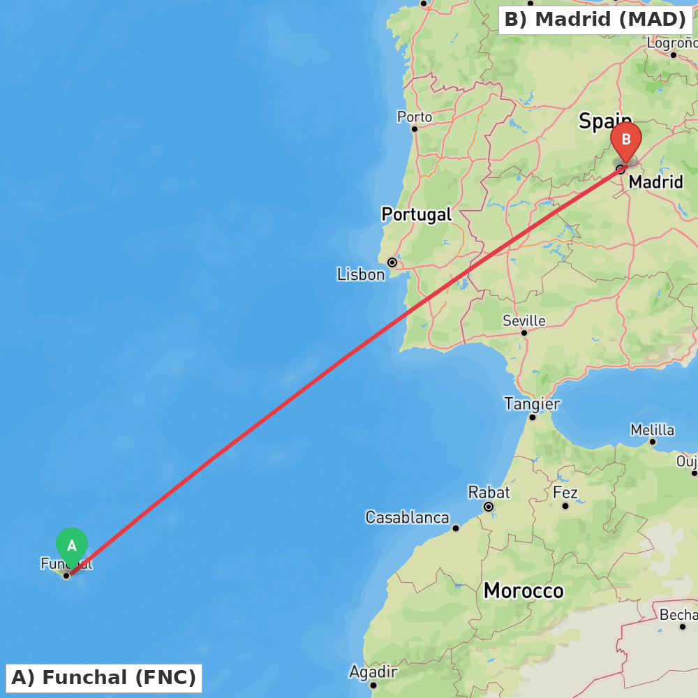 Flight route map from Funchal to Madrid