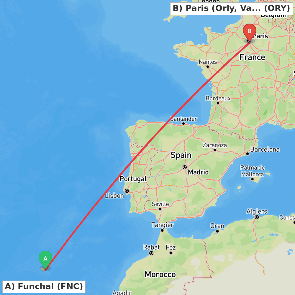 Flight route map from Funchal to Paris (Orly, Val-de-Marne)