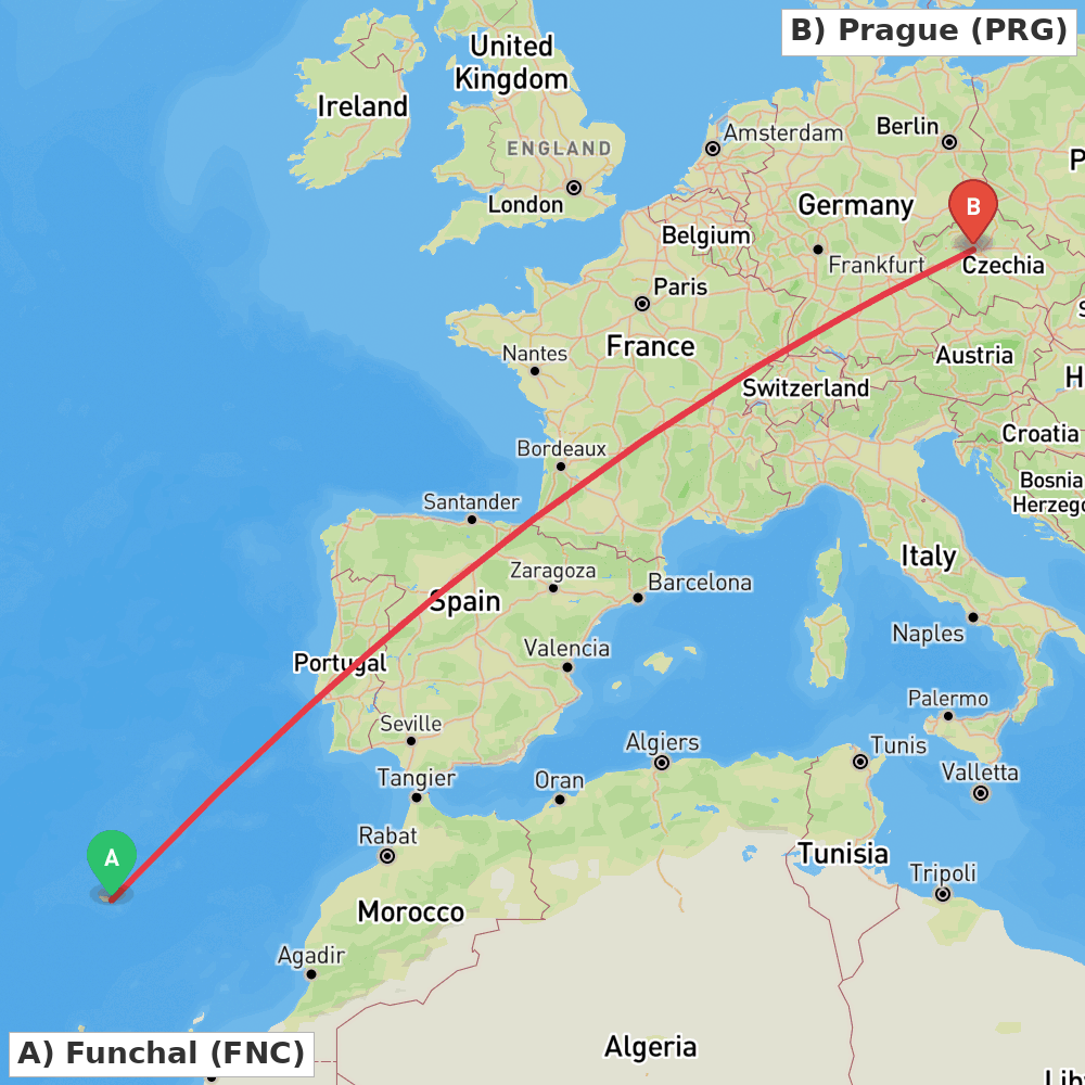 Flight route map from Funchal to Prague