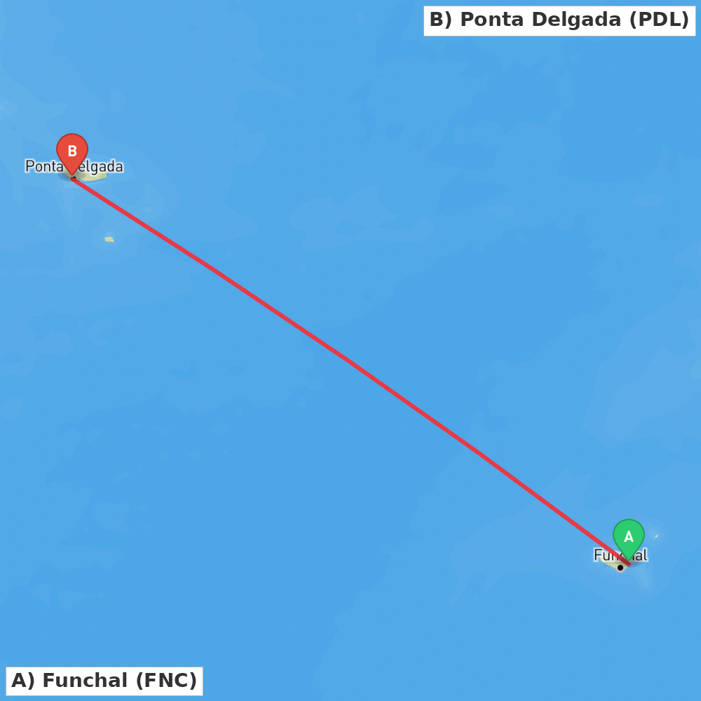 Flight route map from Funchal to Ponta Delgada