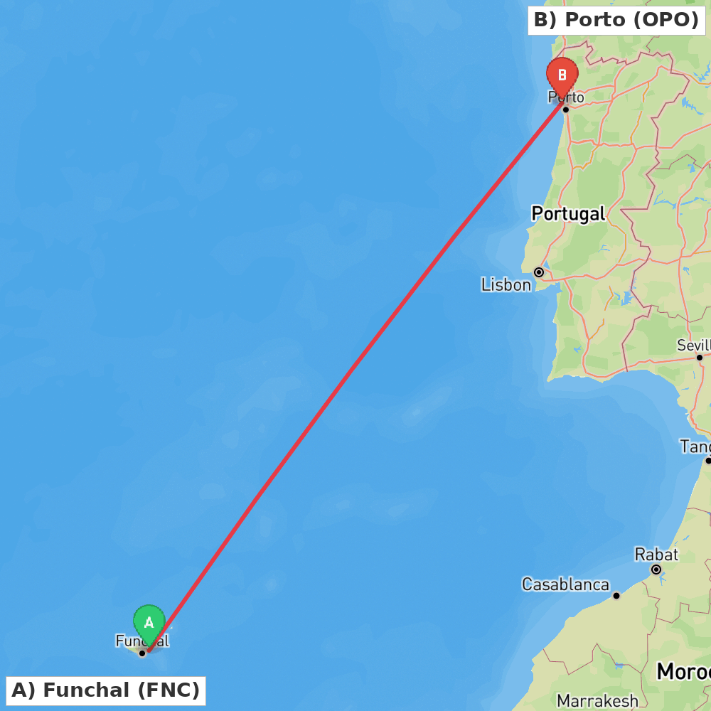 Flight route map from Funchal to Porto