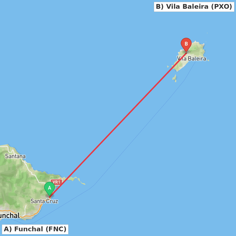 Flight route map from Funchal to Vila Baleira