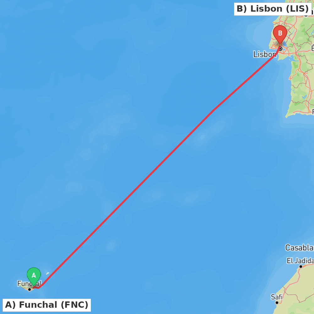 Flight route map from Funchal to Lisbon