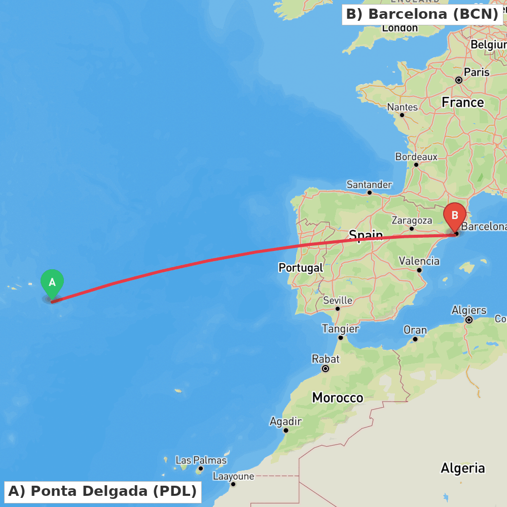 Flight route map from Ponta Delgada to Barcelona