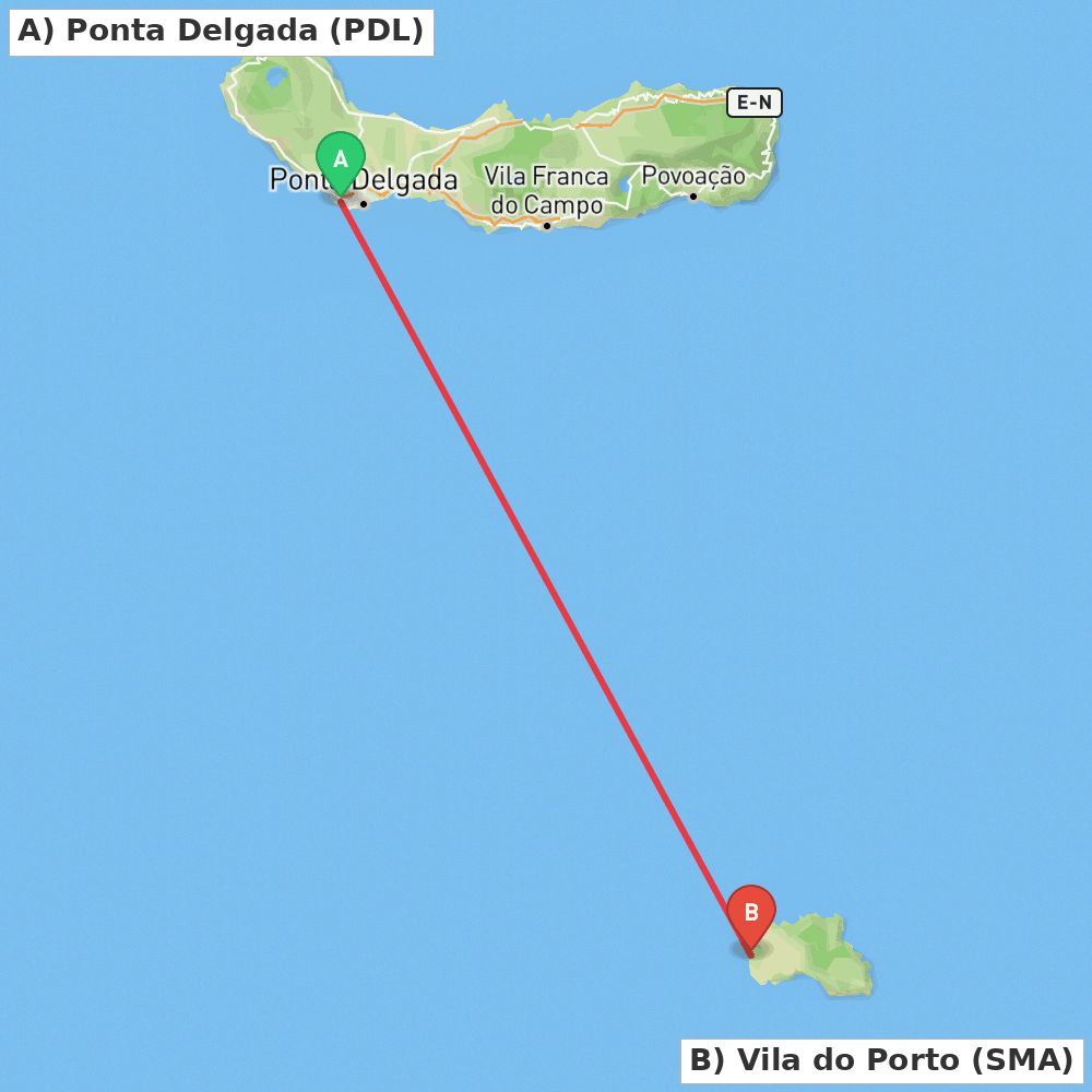Flight route map from Ponta Delgada to Vila do Porto