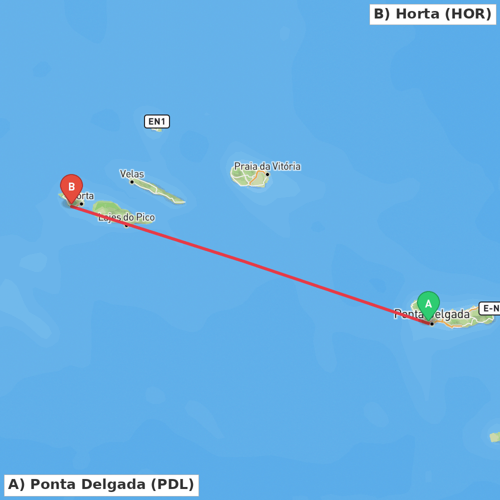 Flight route map from Ponta Delgada to Horta