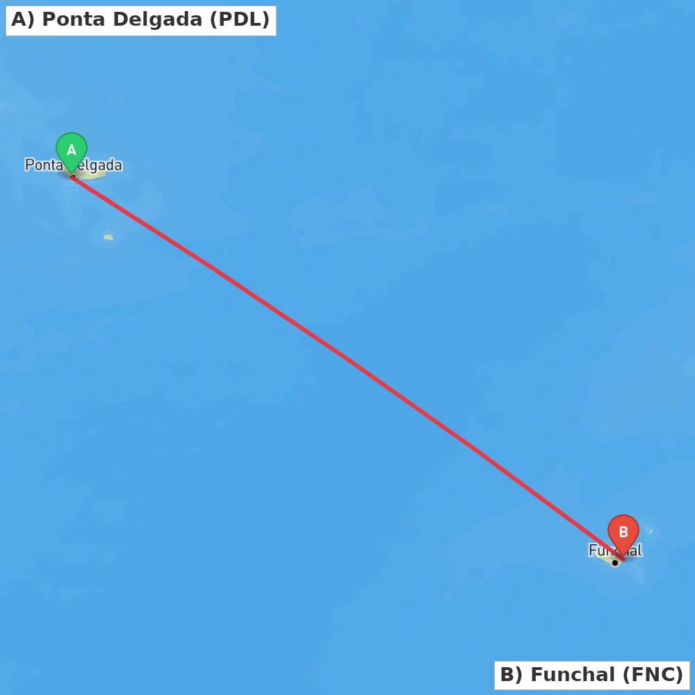 Flight route map from Ponta Delgada to Funchal