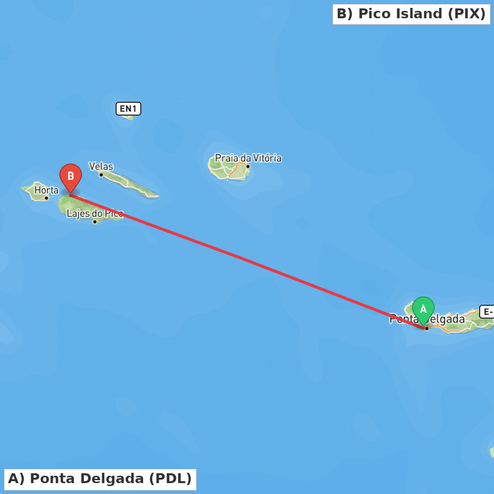 Flight route map from Ponta Delgada to Pico Island