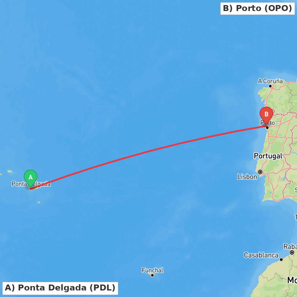 Flight route map from Ponta Delgada to Porto