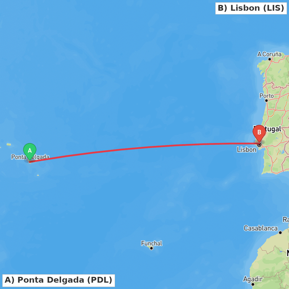 Flight route map from Ponta Delgada to Lisbon