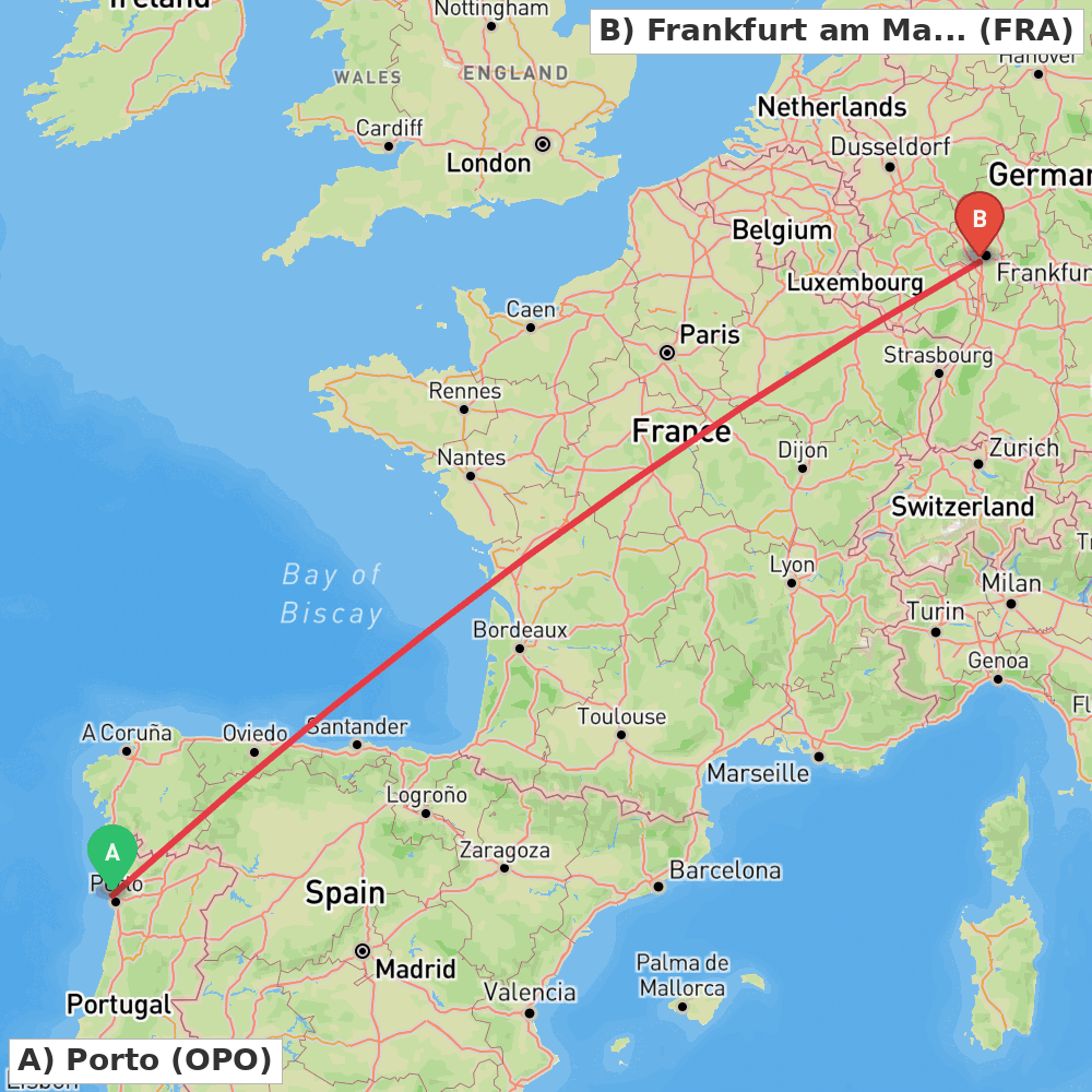 Flight route map from Porto to Frankfurt am Main