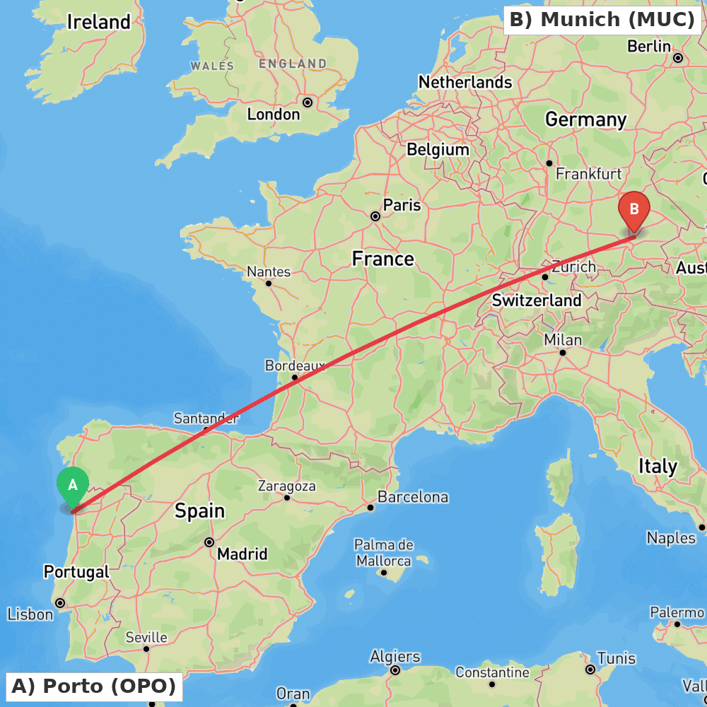 Flight route map from Porto to Munich