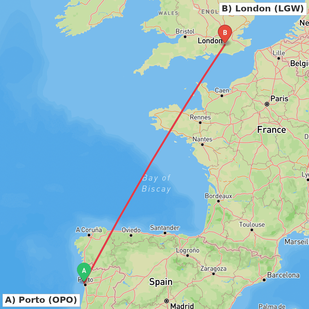 Flight route map from Porto to London