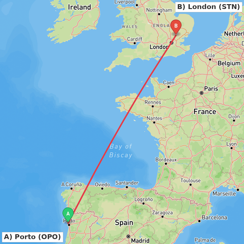 Flight route map from Porto to London