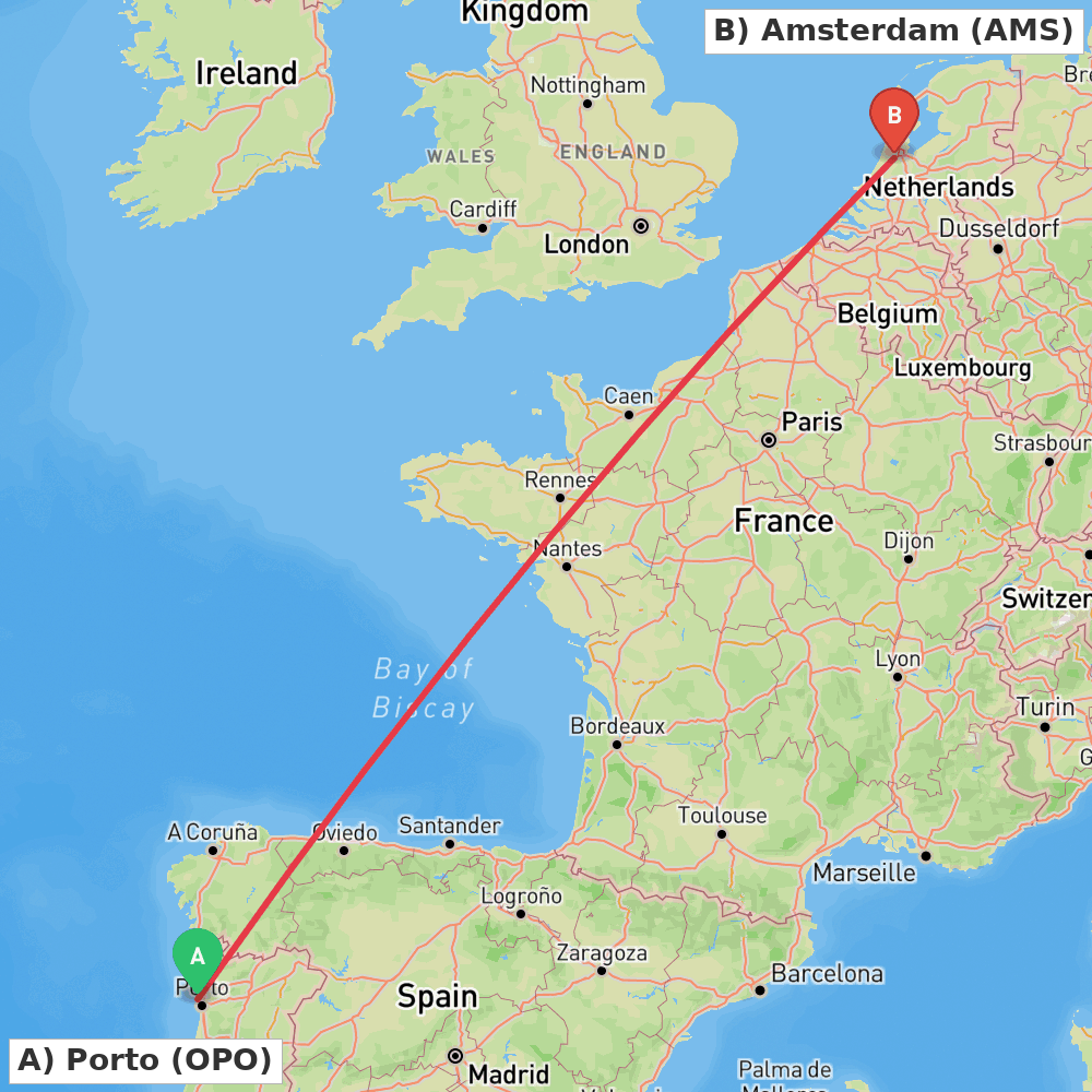 Flight route map from Porto to Amsterdam
