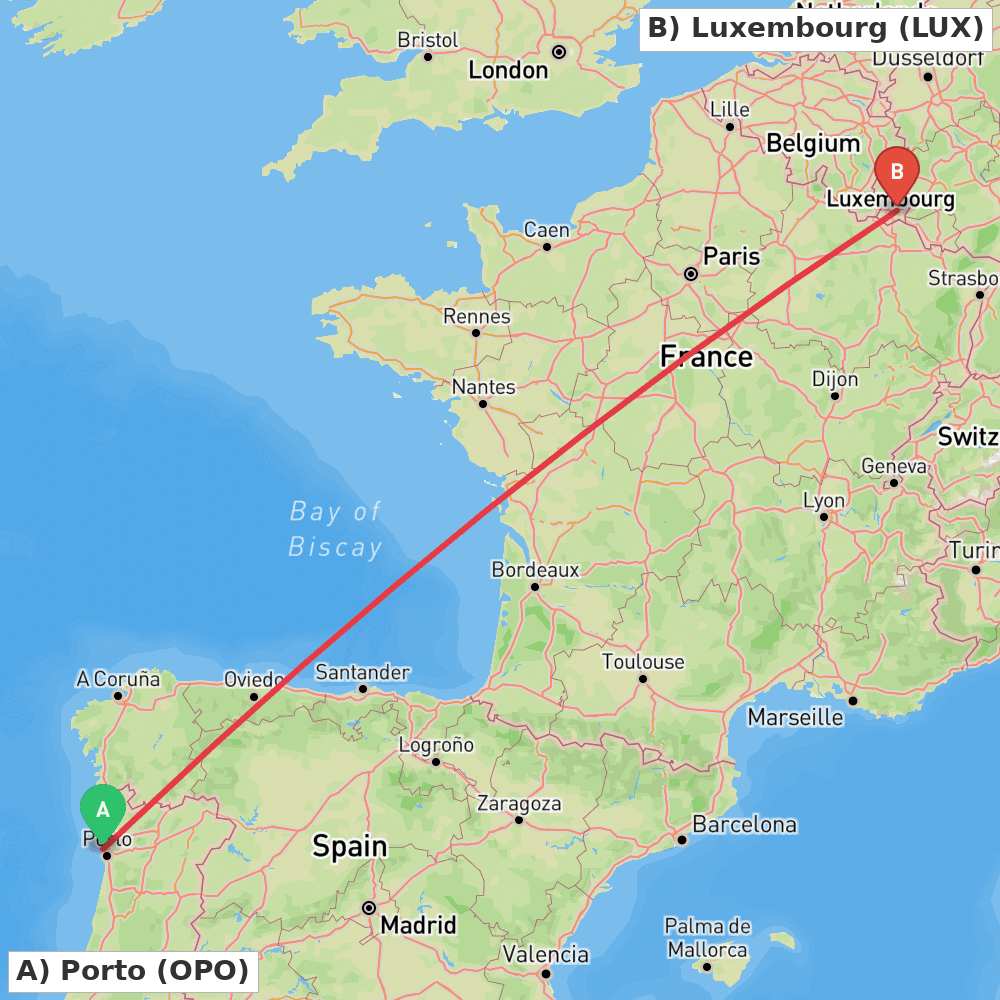 Flight route map from Porto to Luxembourg