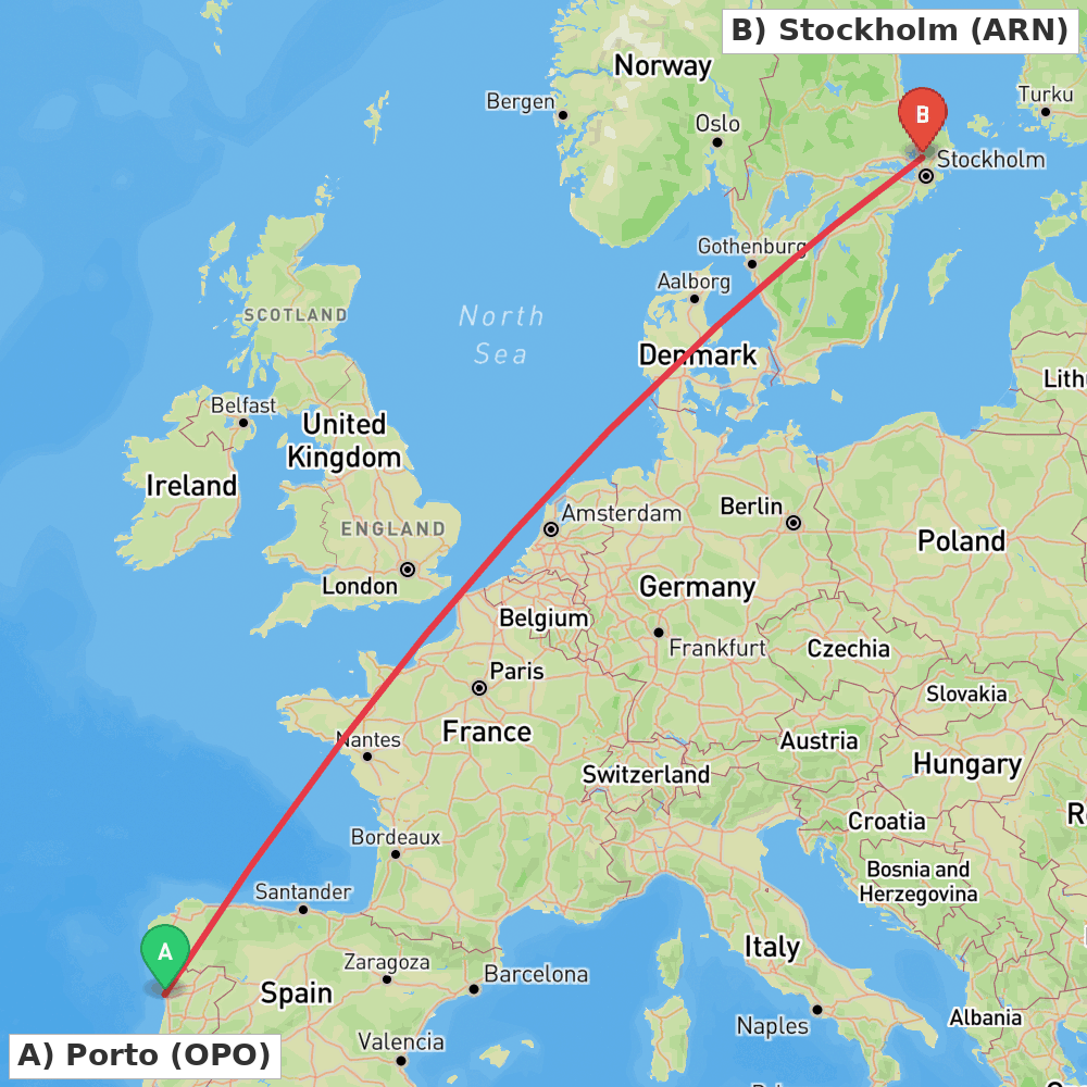 Flight route map from Porto to Stockholm