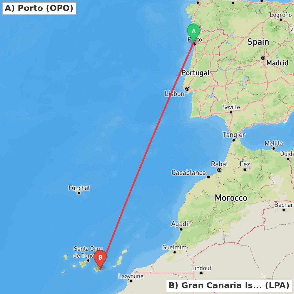 Flight route map from Porto to Gran Canaria Island