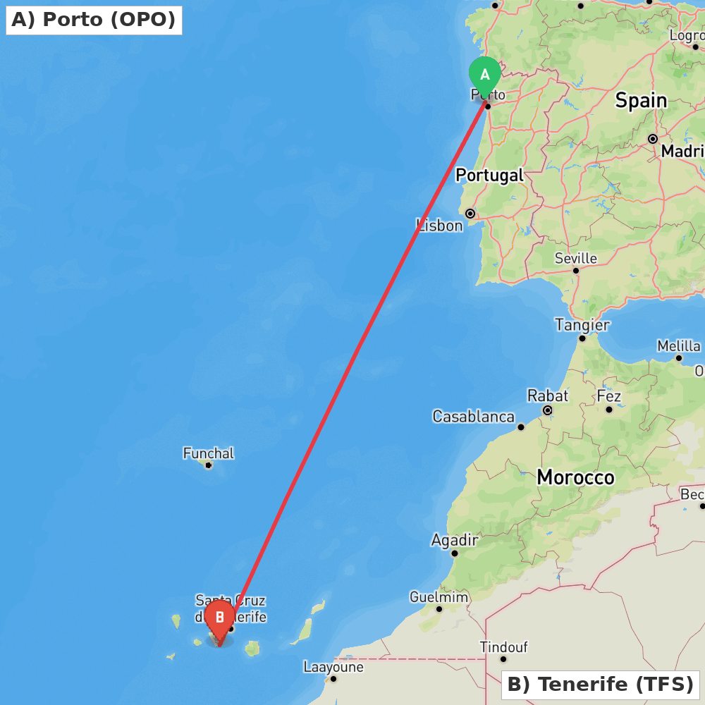Flight route map from Porto to Tenerife