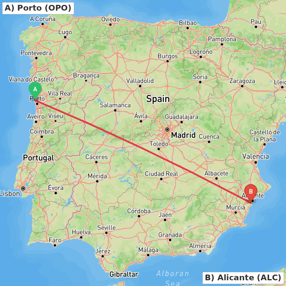 Flight route map from Porto to Alicante