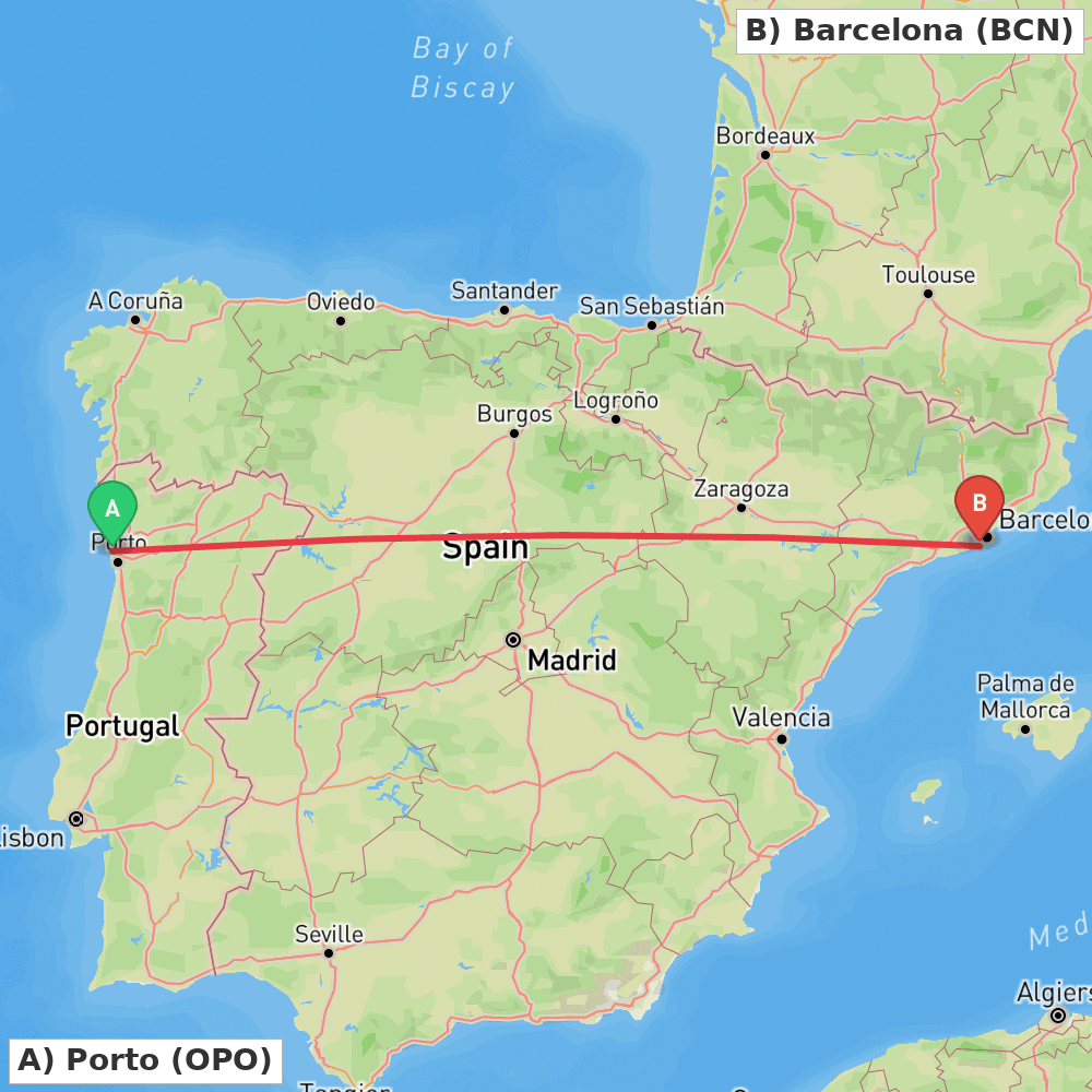 Flight route map from Porto to Barcelona