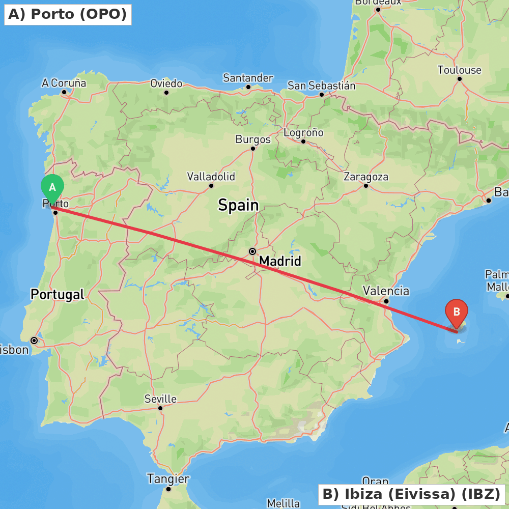 Flight route map from Porto to Ibiza (Eivissa)