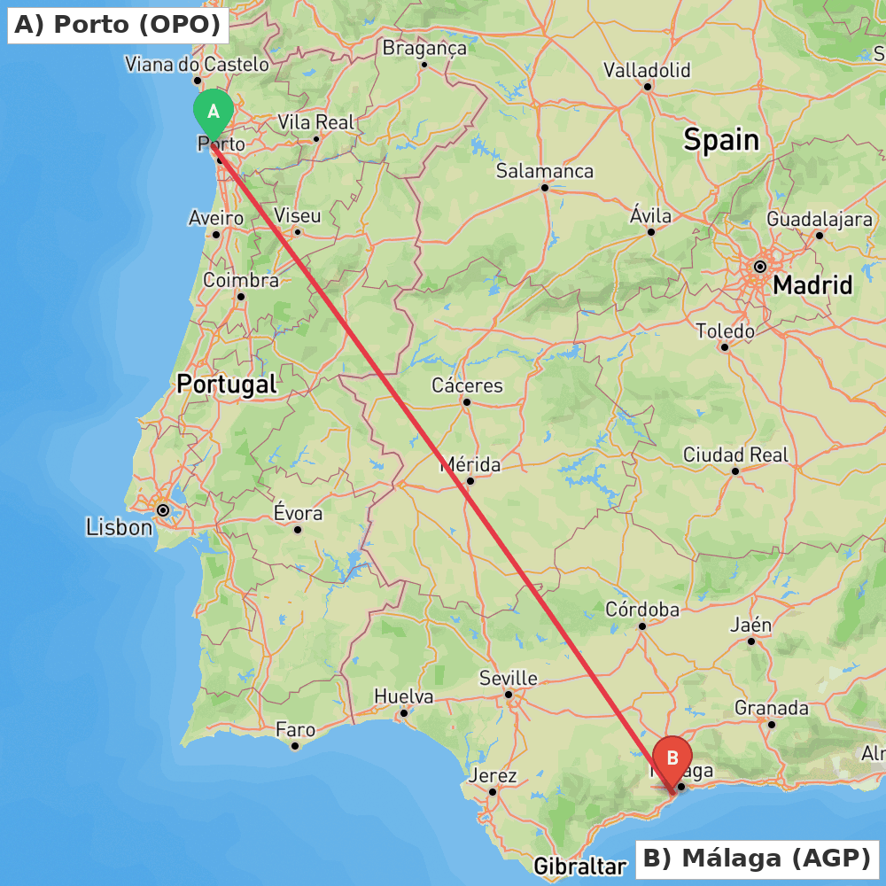 Flight route map from Porto to Málaga