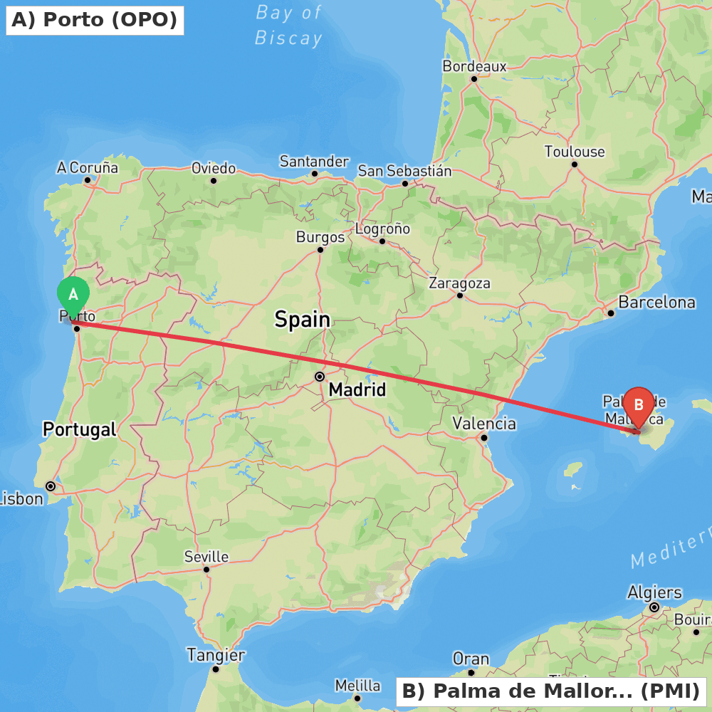 Flight route map from Porto to Palma de Mallorca