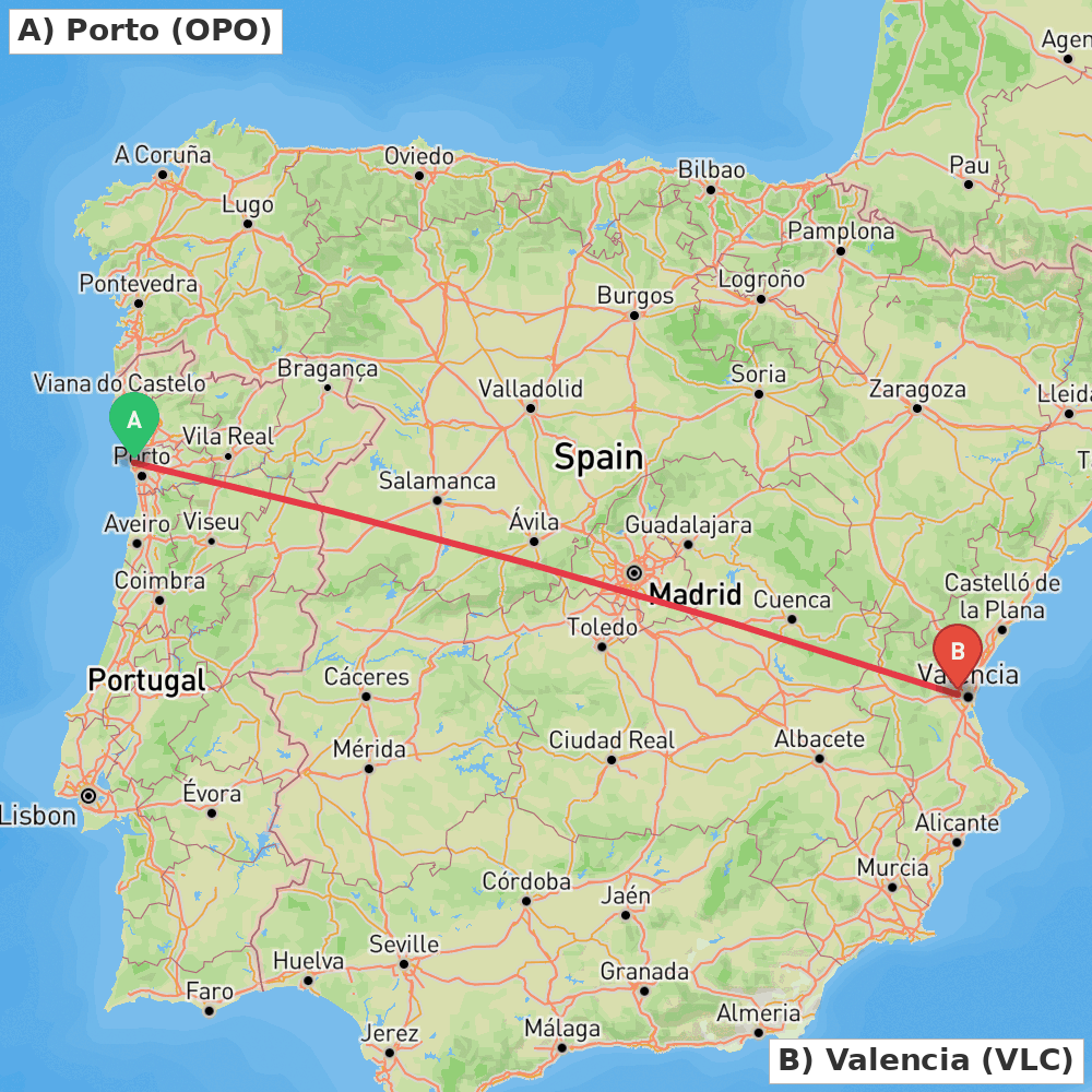 Flight route map from Porto to Valencia
