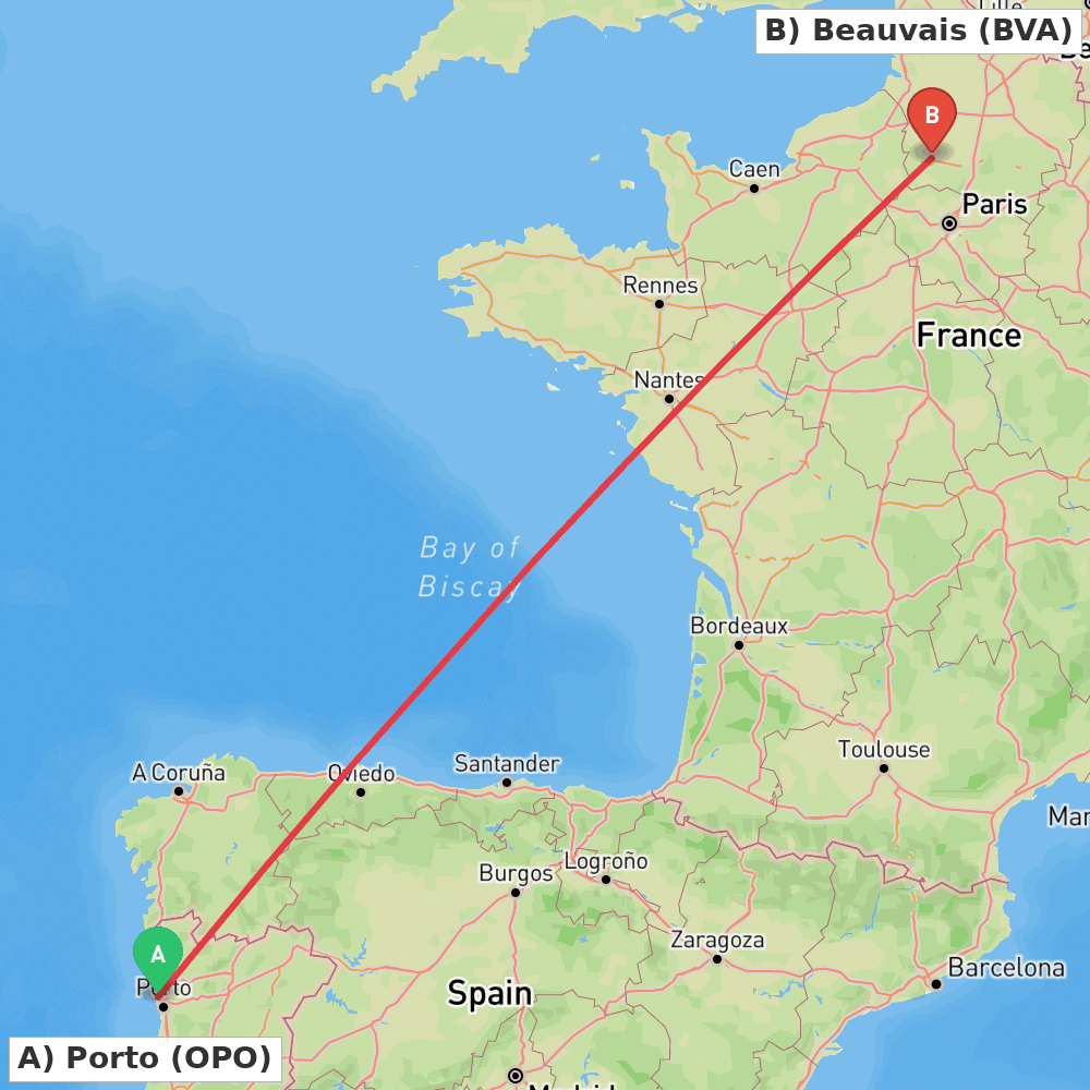 Flight route map from Porto to Beauvais