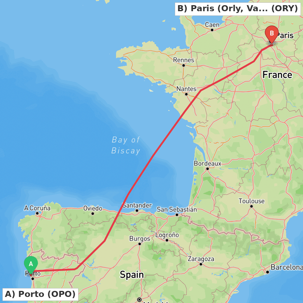 Flight route map from Porto to Paris (Orly, Val-de-Marne)