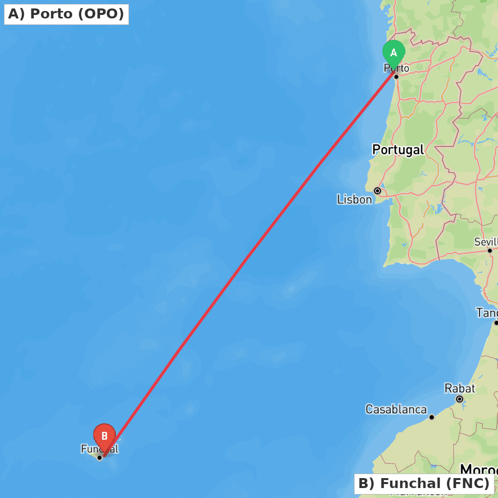Flight route map from Porto to Funchal
