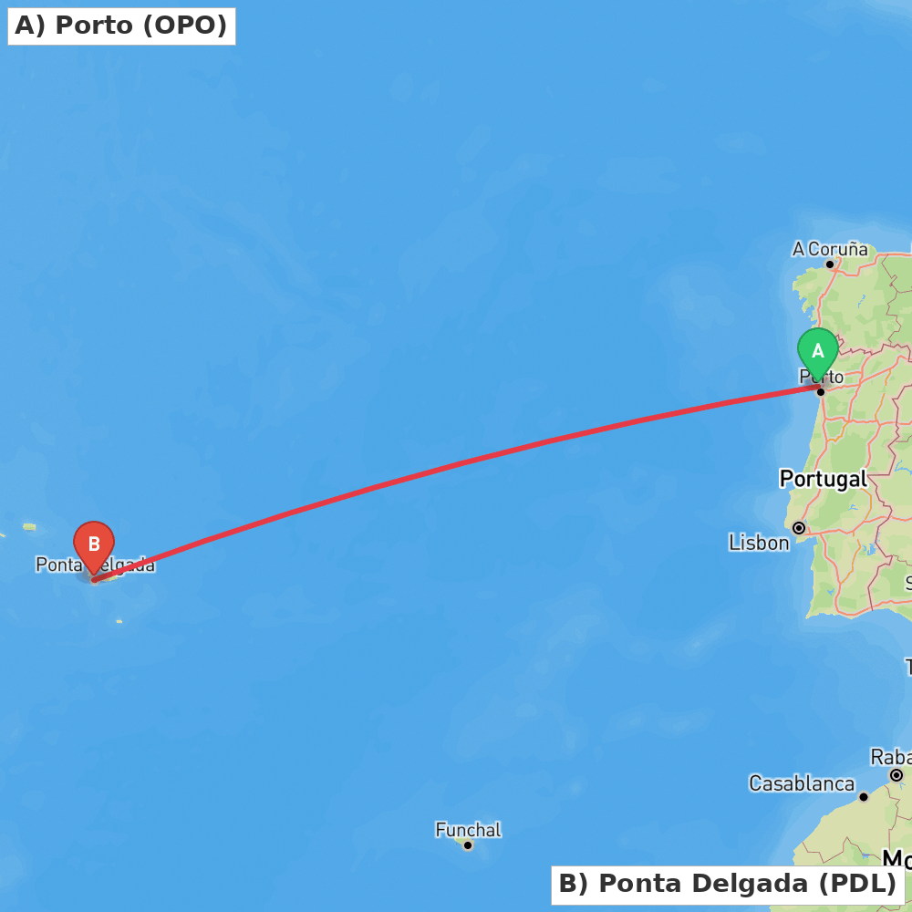Flight route map from Porto to Ponta Delgada