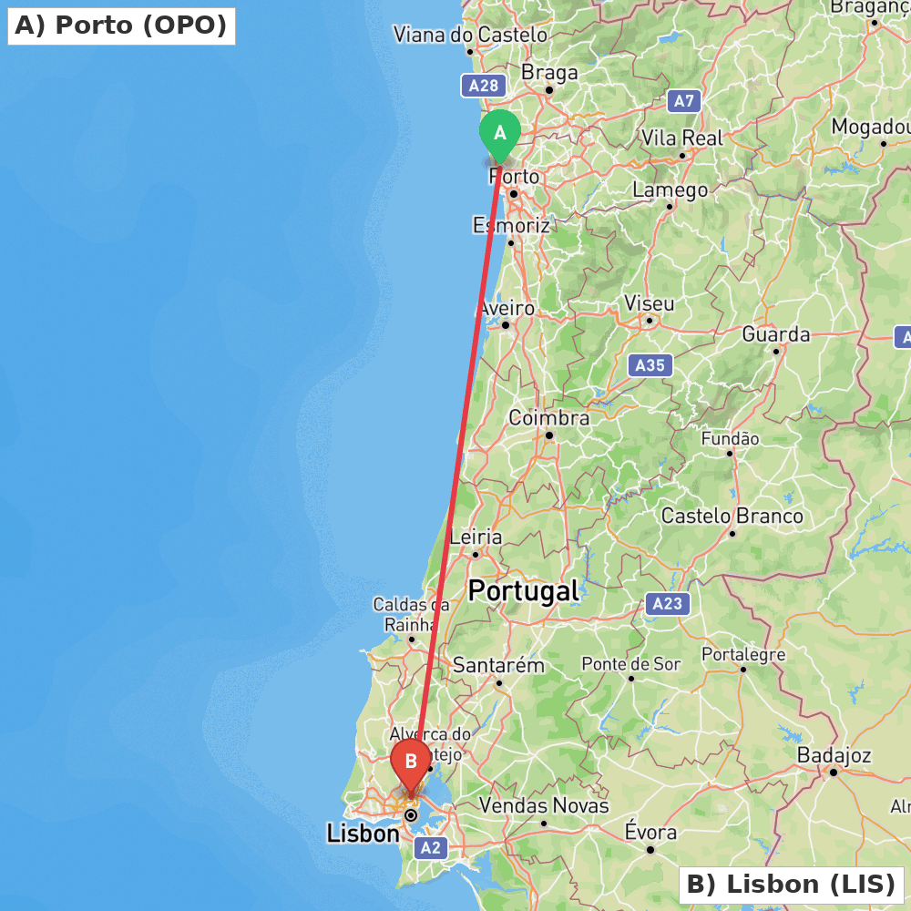 Flight route map from Porto to Lisbon