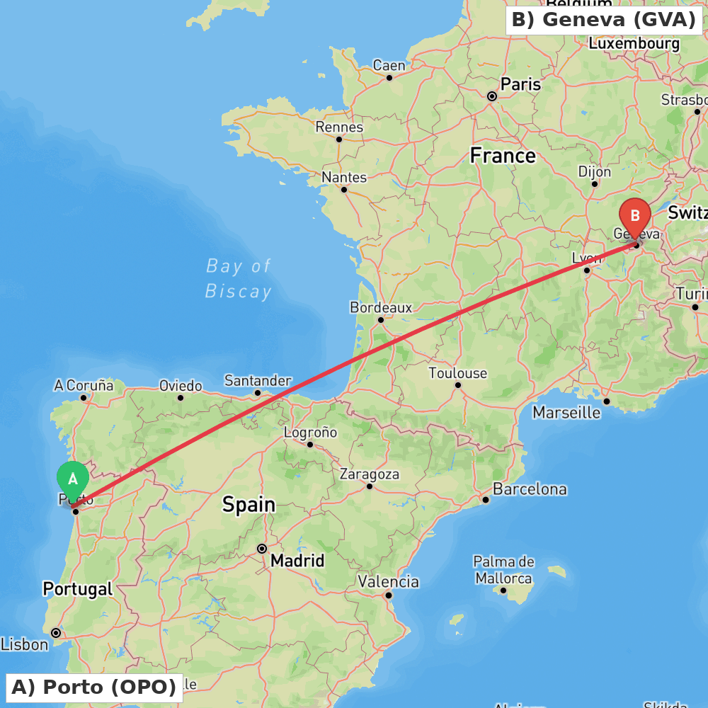 Flight route map from Porto to Geneva