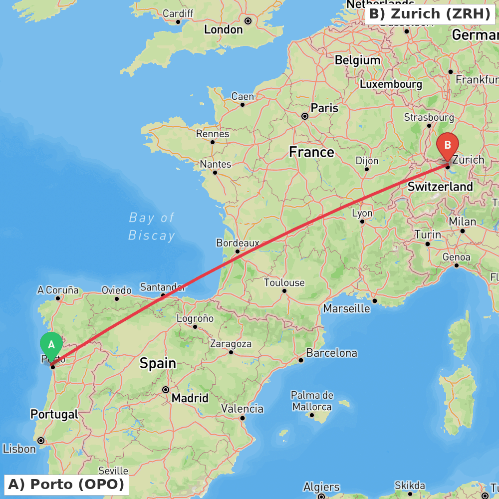 Flight route map from Porto to Zurich