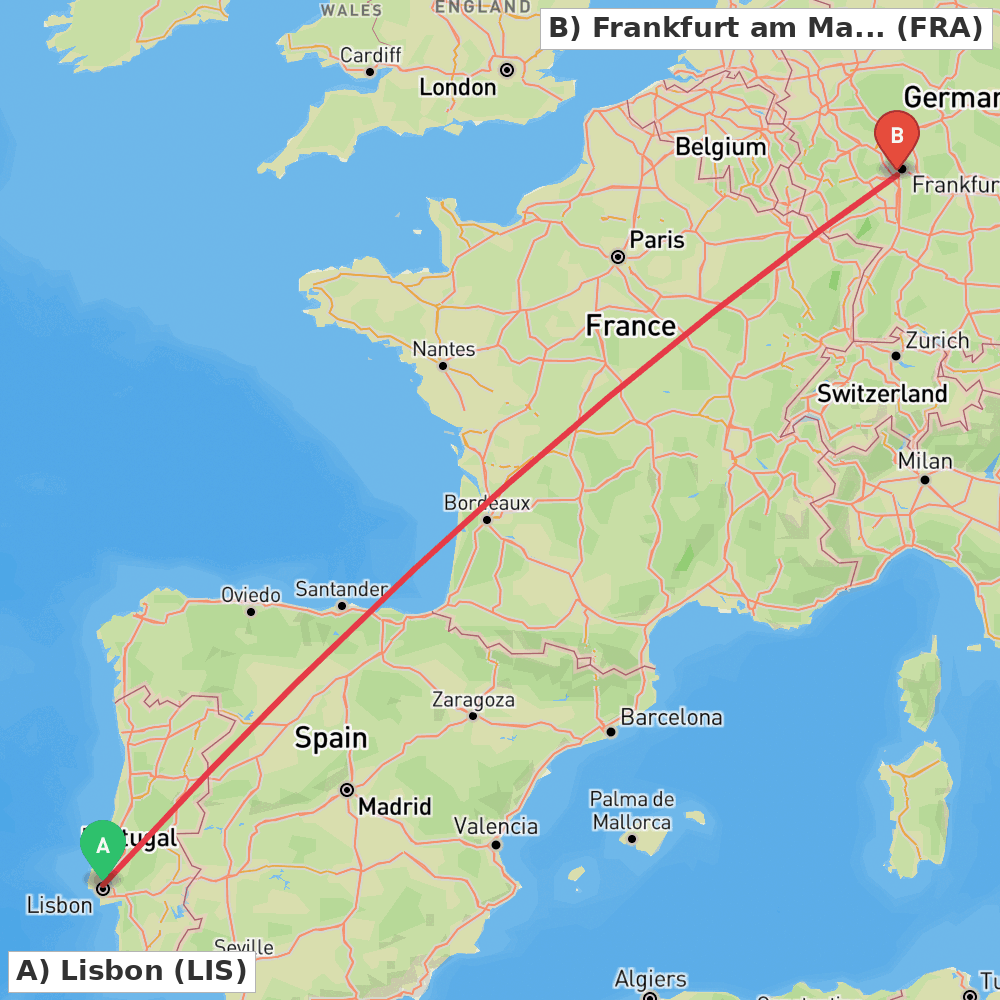 Flight route map from Lisbon to Frankfurt am Main
