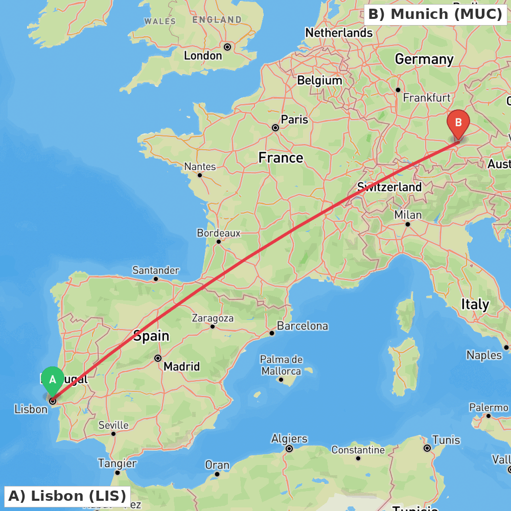 Flight route map from Lisbon to Munich