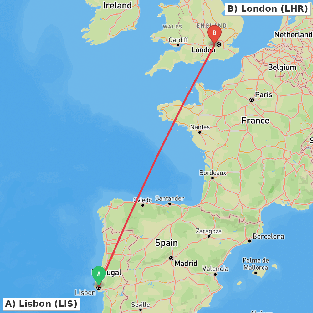 Flight route map from Lisbon to London
